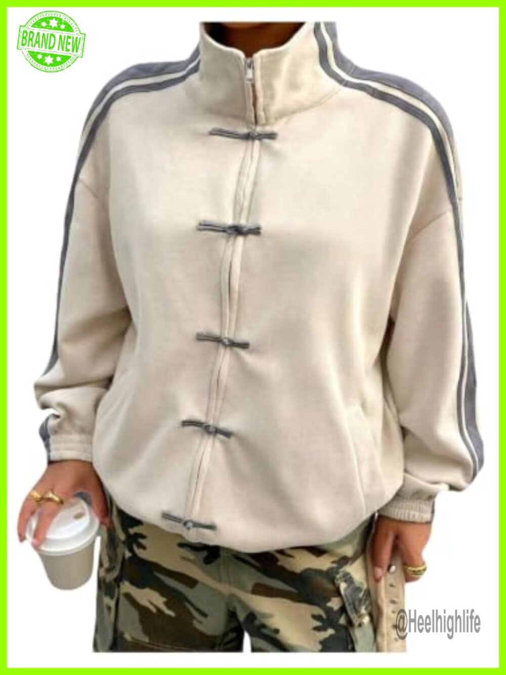 Plus Size Frog Button Funnel Neck Zip Up Long Sleeve Casual Jacket